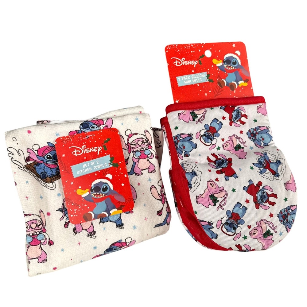 Disney Stitch Angel Christmas Kitchen Set 2 Towels & 2 Silicone Mini Mitts 990